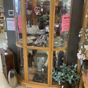Vintage oak curved glass curio cabinet