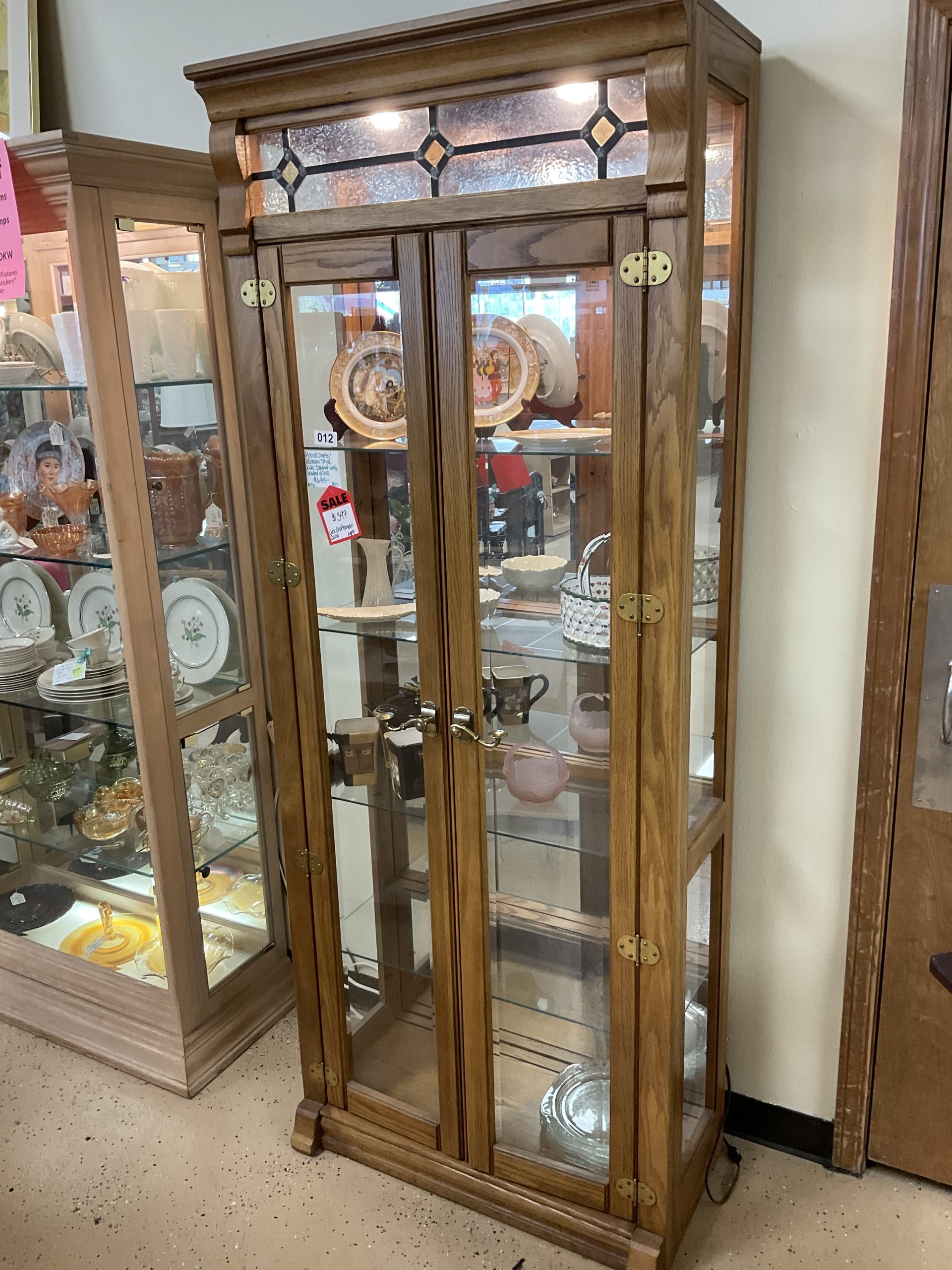 Arts and crafts leaded glass mission style oak display case