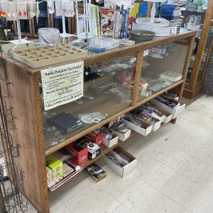Oak display case with locking rear sliders